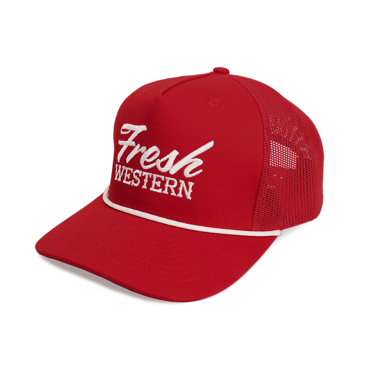 Fresh Western Rope Trucker Hat-High Profile 5-Panel Mesh | Red + White