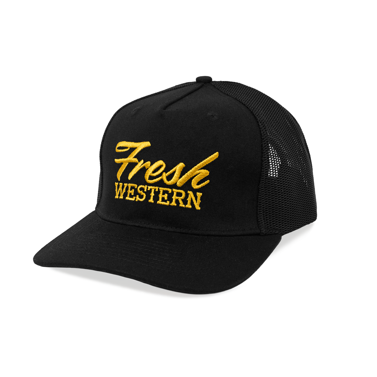 Black 5-Panel Truck Hat with Gold Fresh Western Embroidery Logo