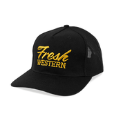 Black 5-Panel Truck Hat with Gold Fresh Western Embroidery Logo