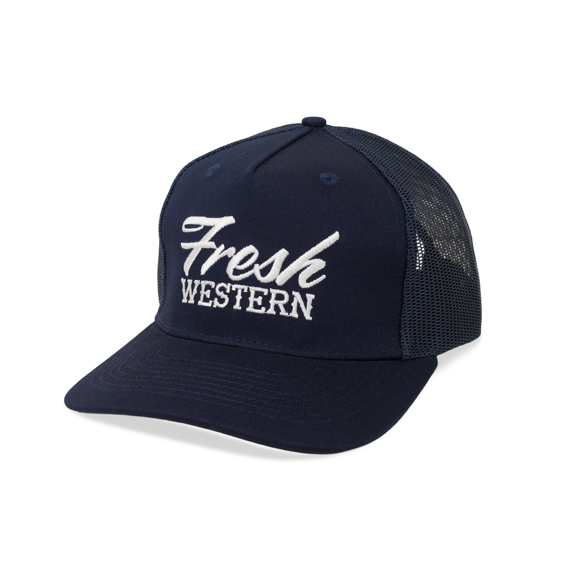 Navy 5-Panel Truck Hat with White Fresh Western Embroidery Logo
