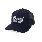 Navy 5-Panel Truck Hat with White Fresh Western Embroidery Logo