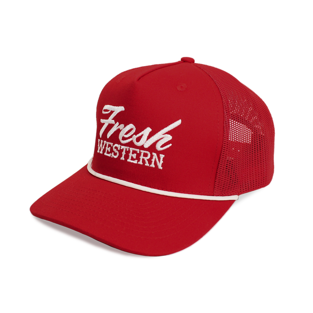 Fresh Western Rope Trucker Hat-High Profile 5-Panel Mesh | Red + White