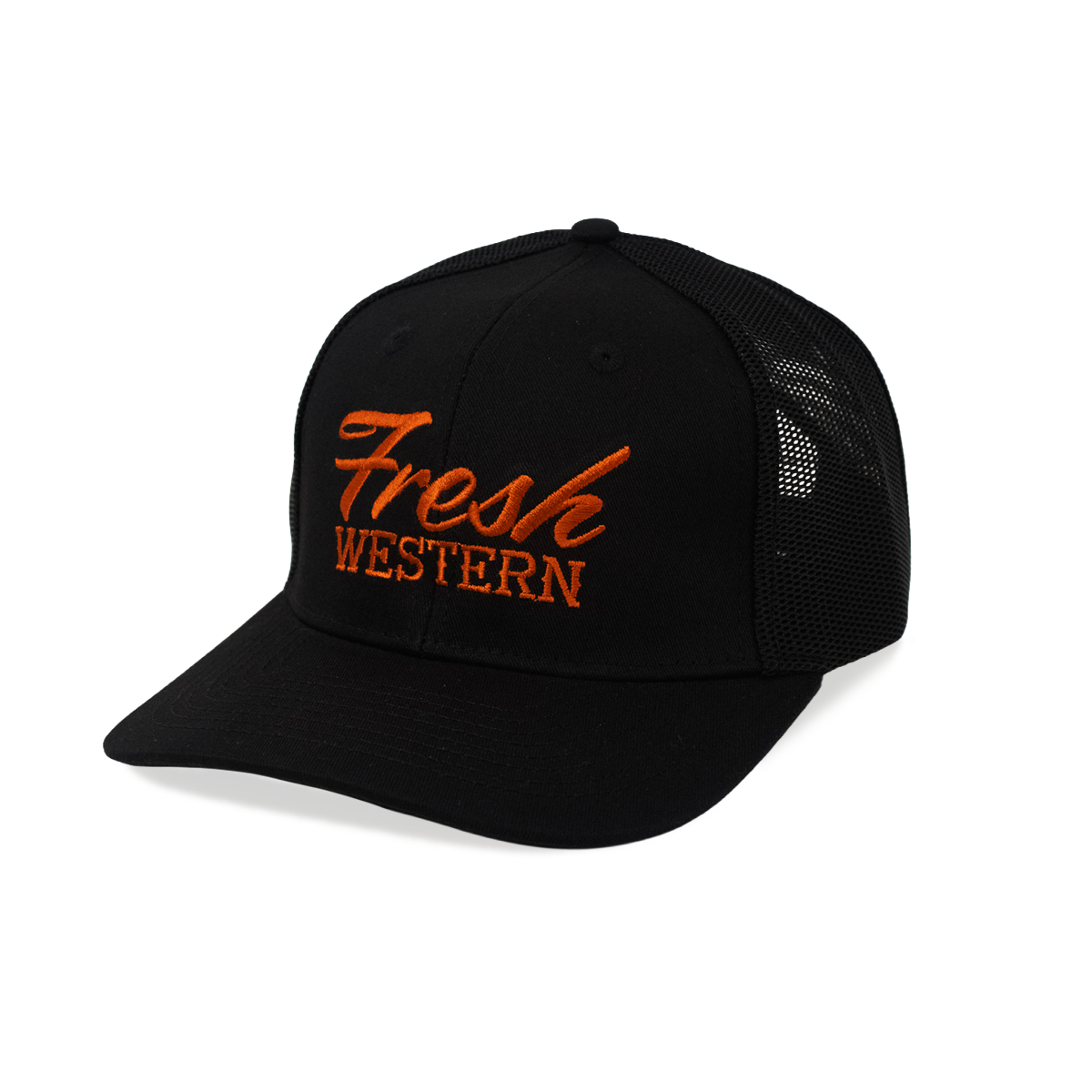 Black 6-Panel Truck Hat with Sunset Orange Fresh Western Embroidery Logo