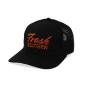 Black 6-Panel Truck Hat with Sunset Orange Fresh Western Embroidery Logo