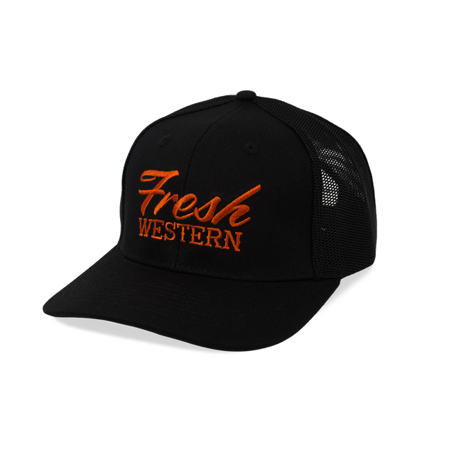 Fresh Western Black Trucker Hat – 6-Panel Structured With Embroidery