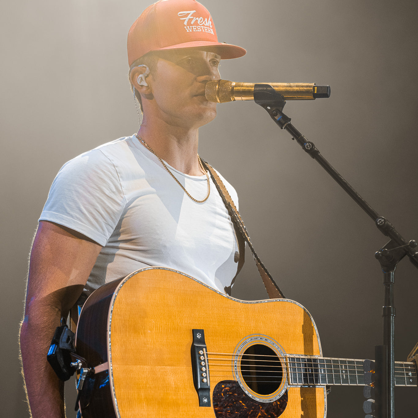 Parker McCollum wearing Fresh Western Signature Red Tour Hat with White Logo