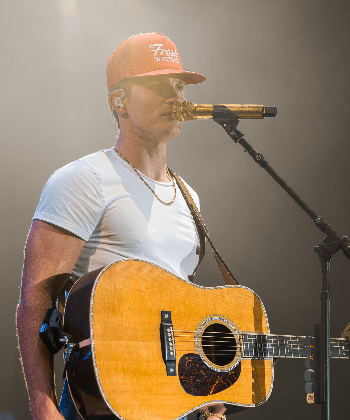 Parker McCollum wearing Fresh Western Signature Red Tour Hat with White Logo