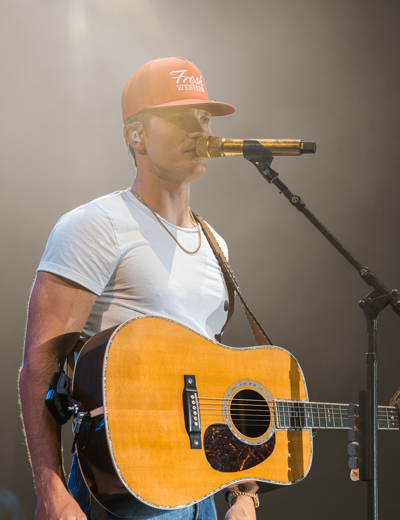 Parker McCollum wearing Fresh Western Signature Red Tour Hat with White Logo