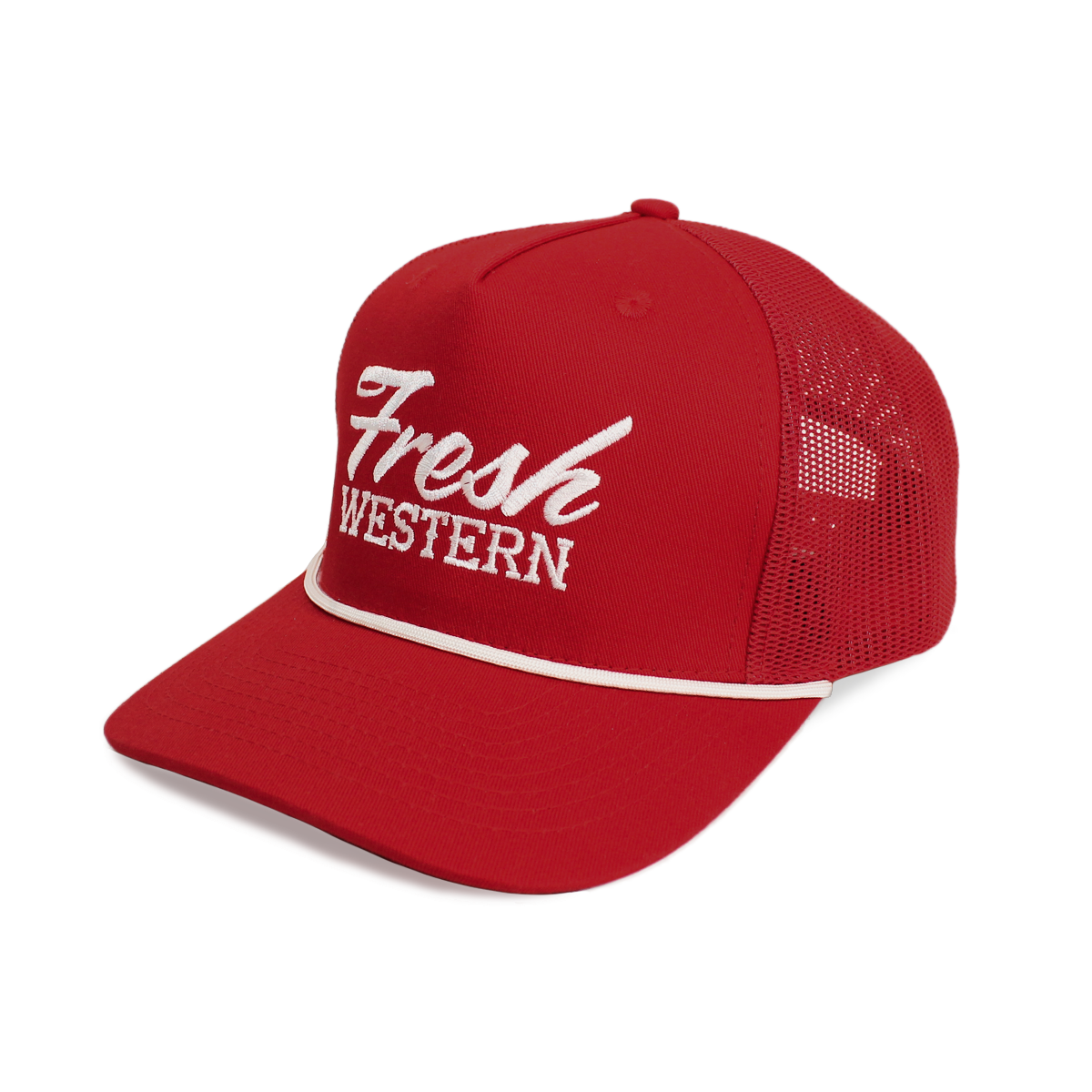 Fresh Western Rope Trucker Hat-High Profile 5-Panel Mesh Red White