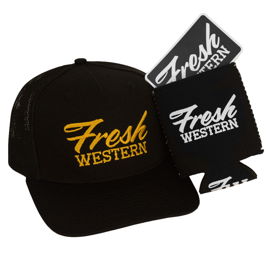 Fresh Western Road Kit Bundle |Black| Signature Hat, Can Cooler, Decal